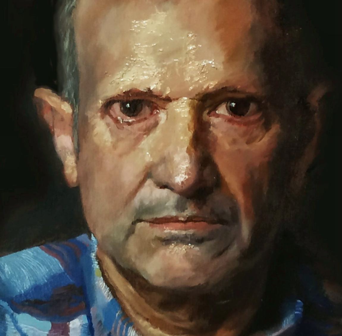Detalle de Aita, pincelada del retrato al óleo de Mikel Pinto