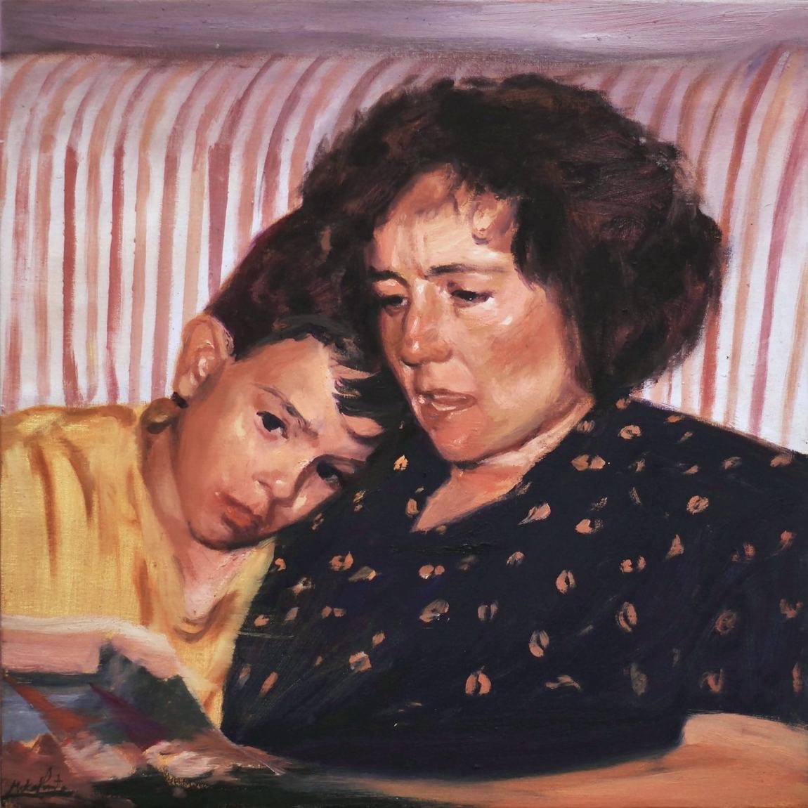 Álvaro y su madre, retrato al óleo de Mikel Pinto