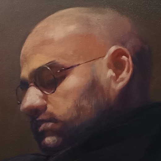 Detalle de Retrato de Ángel Borreguero, pincelada del retrato al óleo de Mikel Pinto