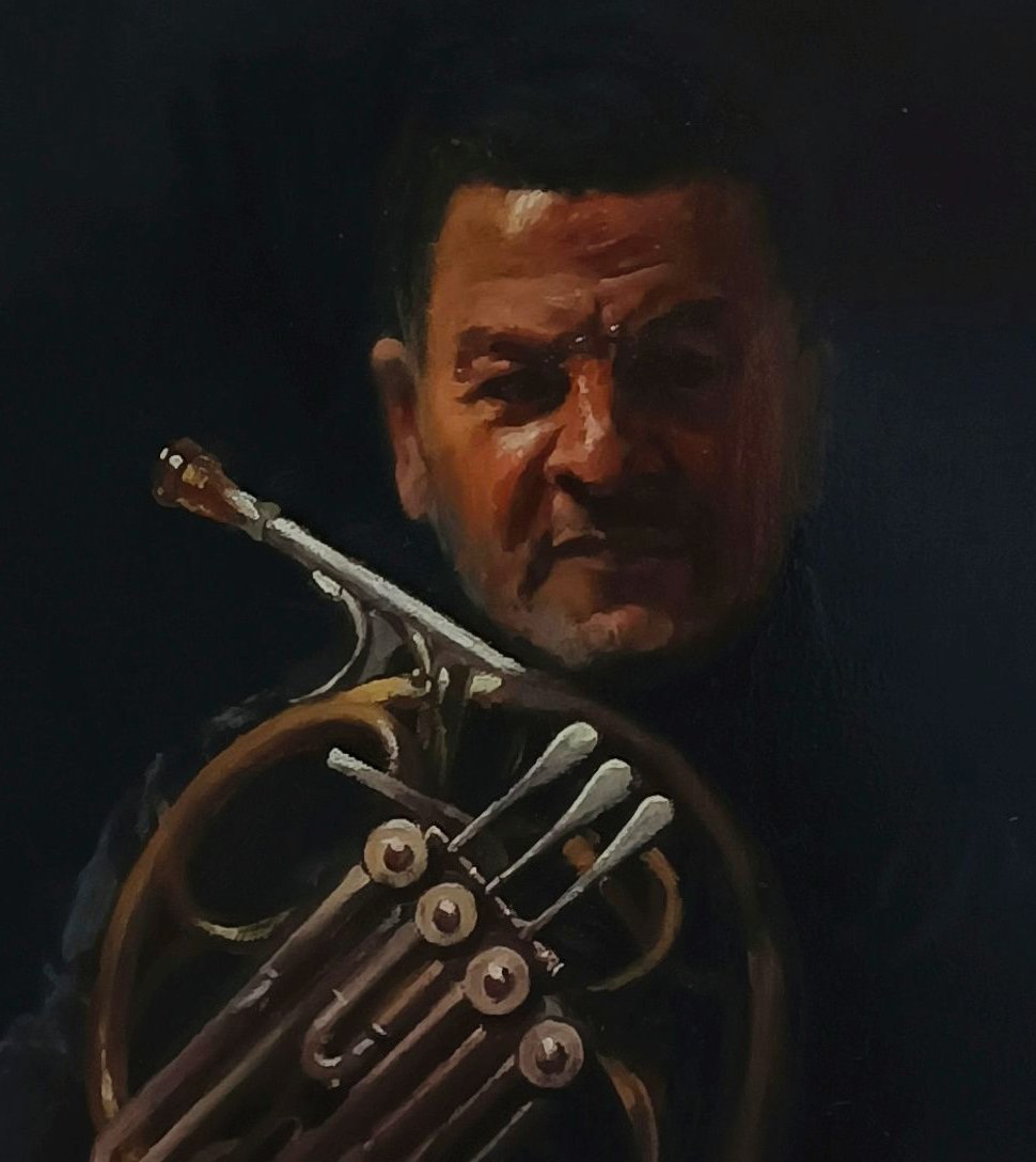 Detalle de El trompista Manu Asensi, pincelada del retrato al óleo de Mikel Pinto